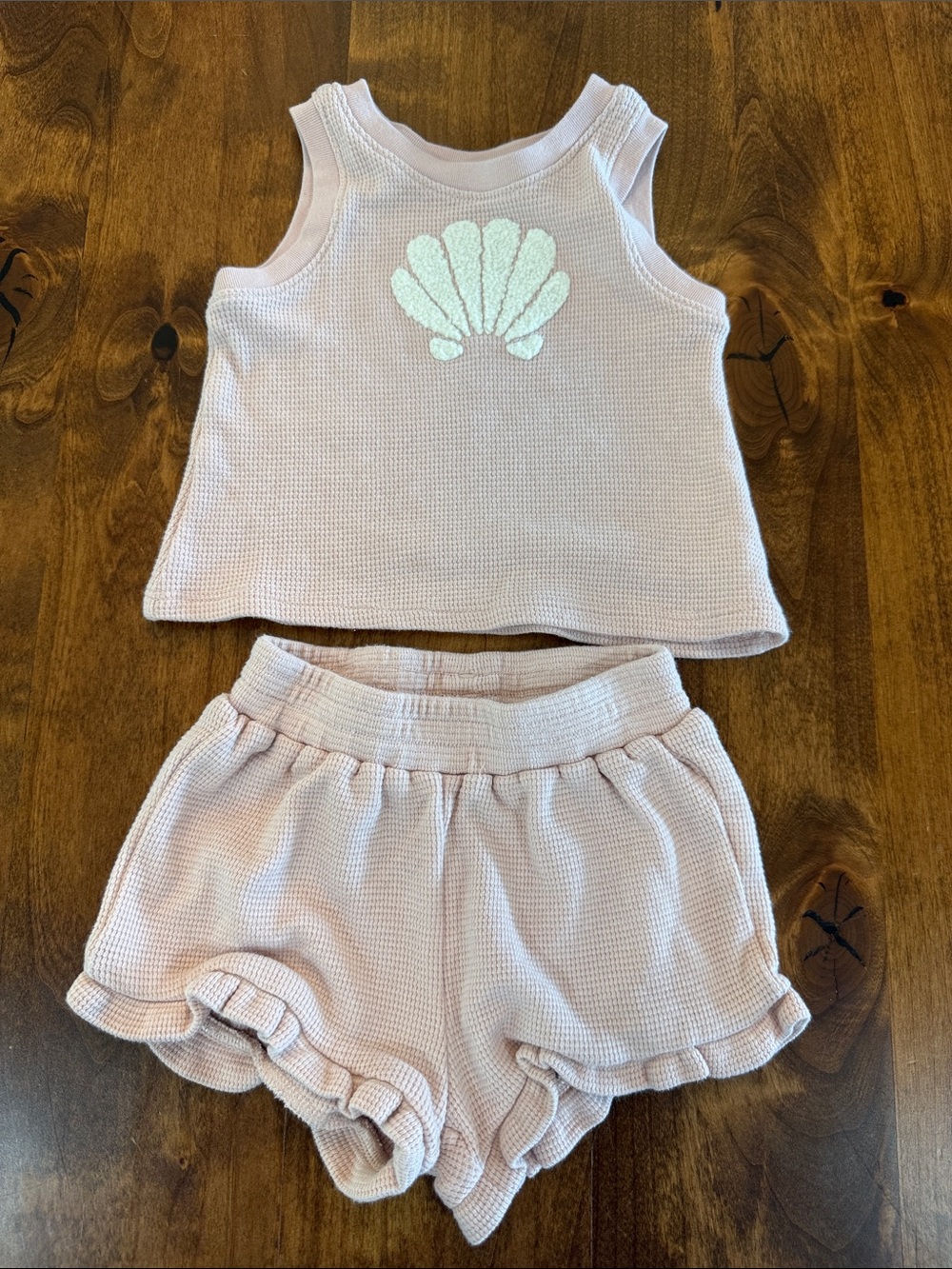 cloud island Light Pink Waffle Knit Tank & Shorts Set with Cloud Graphic